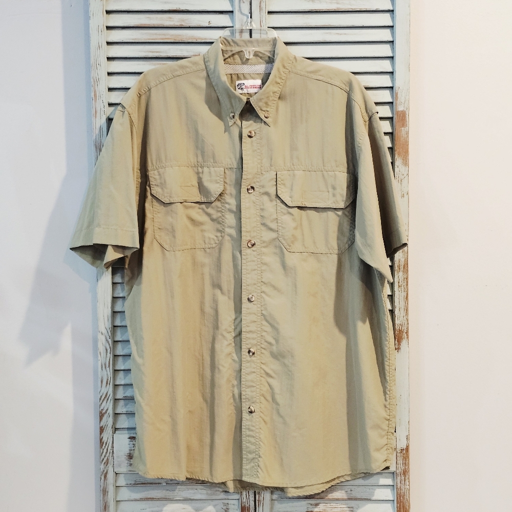 ALL AMERICAN FISHERMAN NYLON SHIRT Mens Large 42-44 Khaki Beige Mesh Button Up